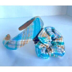 Blue Plaid Soft Headband & Scrunchie Set – Handmade Cozy Winter Hair Accessories